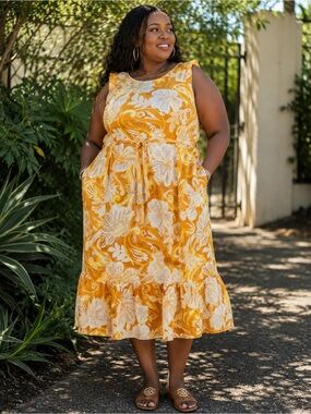 Plus-Size Yellow Floral Tie-Belt Midi Dress